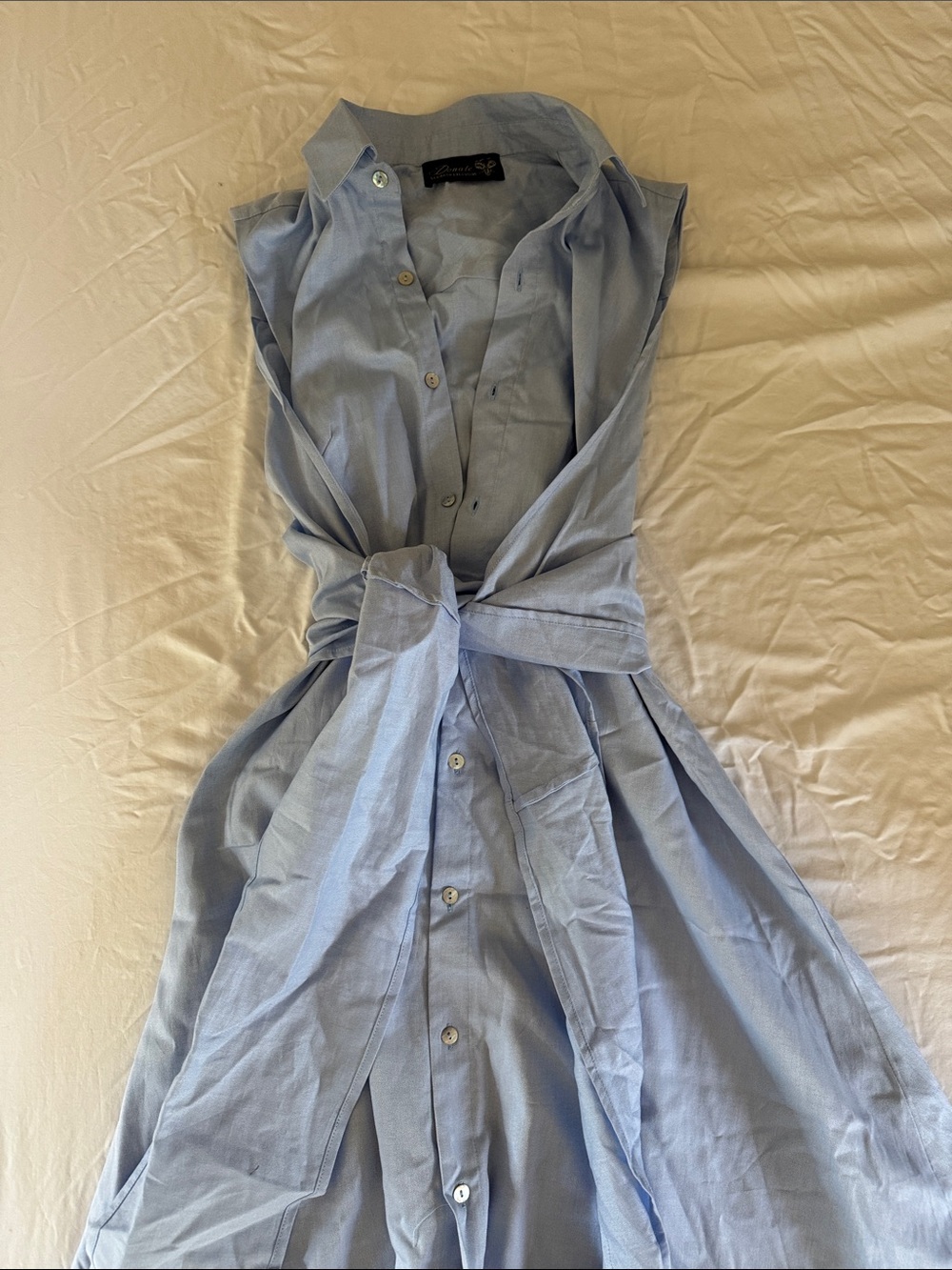 Sleeveless Light Blue Midi Shirt Dress with Self Tie Waist
